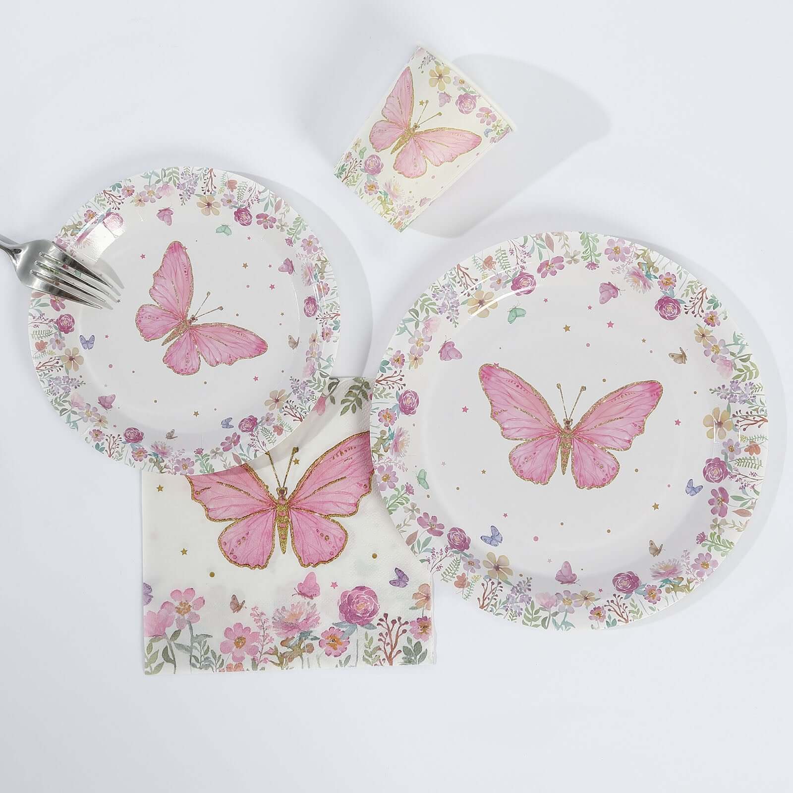 96 Pcs Paper Dinnerware Set White/Pink with Butterfly Print - Disposable Plates, Cups, and Napkins for Parties